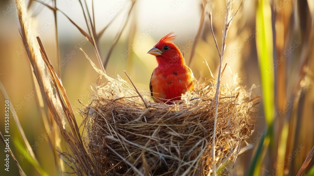 A striking red weaver bird constructs its nest from delicate grasses, its vibrant feathers catching the morning light A striking red weaver bird constructs its nest from delicate grasses, its vibrant feathers catching the morning light