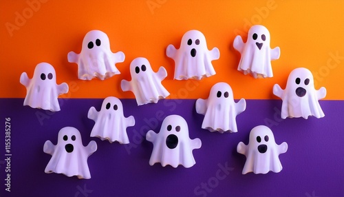 a group of ghosts on an orange and purple background