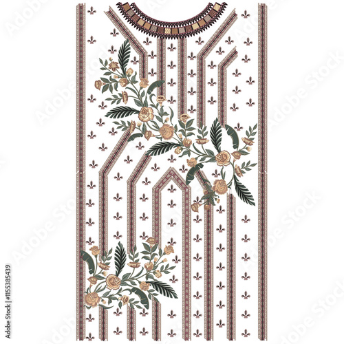 A over asian embroidery neckline and border lace design with floral motifs leafs leaves trendy mughal ornaments.