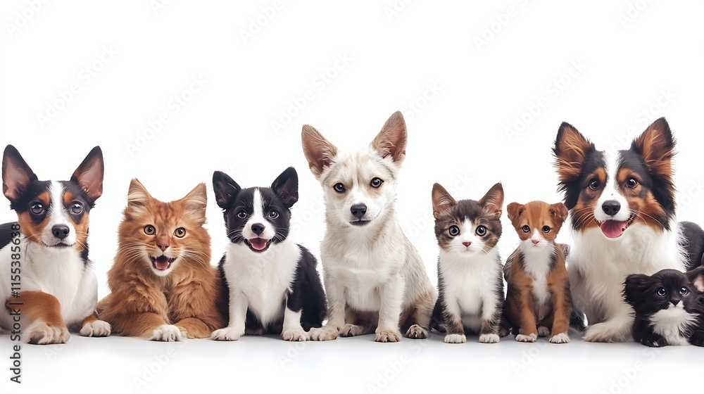 Adorable Group of Kittens and Puppies Sitting Against White Background : Generative AI Adorable Group of Kittens and Puppies Sitting Against White Background : Generative AI