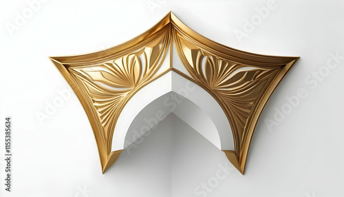 Goldcolored ornate molding affixed to a white corner. Intricate floral patterns and curved lines. Architectural detail, luxury design.