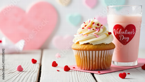 Close up of cupcake with heart shaped sprinkles and pink drink on wooden table, decorated with Valentine's Day themed hearts in background, creating sweet and romantic atmosphere