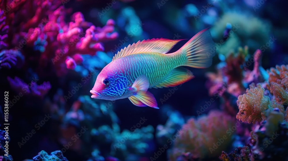 A luminous parrotfish swims above vibrant coral, its body shimmering in iridescent blues, greens, and purples. A luminous parrotfish swims above vibrant coral, its body shimmering in iridescent blues, greens, and purples.