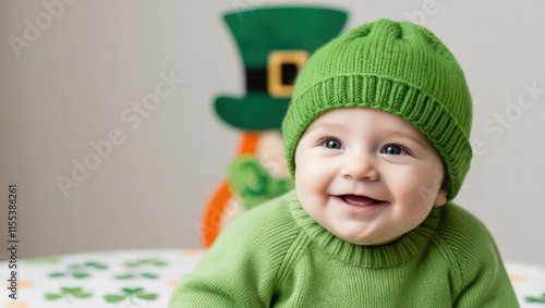 Adorable baby in green hat and sweater smiling joyfully, celebrating Saint Patrick Day with festive decorations in background photo