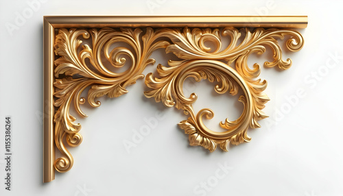 A 3Drendered image showcases a golden ornate corner molding. Intricate baroquerococo style. Luxury design element, perfect for interior decor.