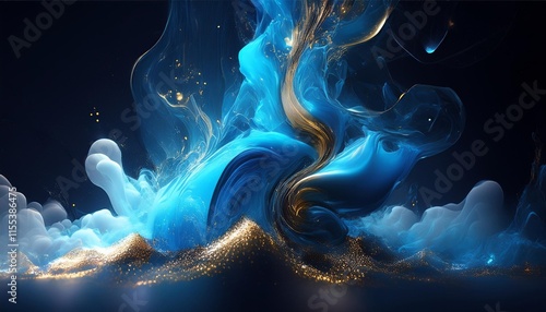 bright smoke with glitter fluid and ink water growing a magical mist with blue color debris on a darkish black summary history shiny