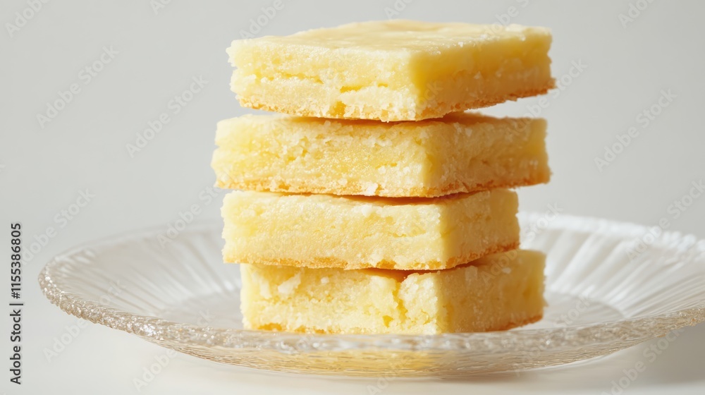 Stack of rectangular yellow biscuits on a clear plate isolated on a white background perfect for culinary presentations and dessert menus Stack of rectangular yellow biscuits on a clear plate isolated on a white background perfect for culinary presentations and dessert menus