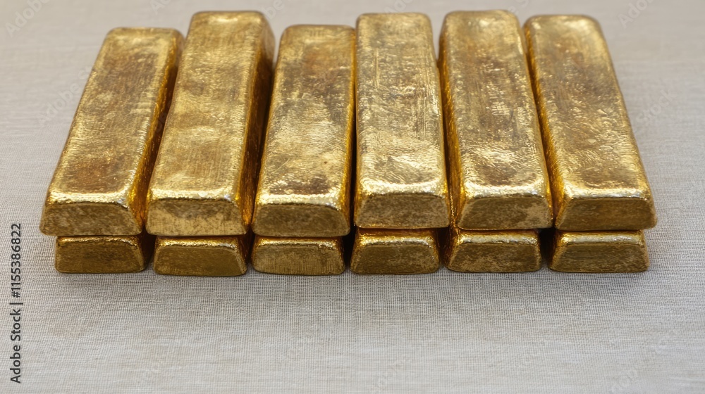 Stack of shiny gold bars on a white table showcasing luxury and wealth commonly found in goldsmith shops Stack of shiny gold bars on a white table showcasing luxury and wealth commonly found in goldsmith shops