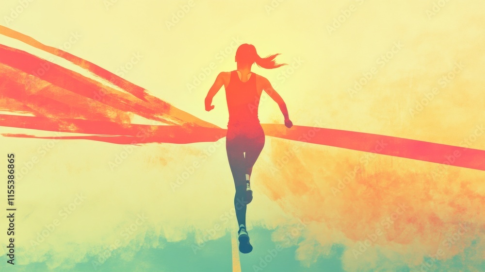 Health: A fit and glowing figure crossing the finish line of a marathon, celebrating achievement through physical resilience. Health: A fit and glowing figure crossing the finish line of a marathon, celebrating achievement through physical resilience.