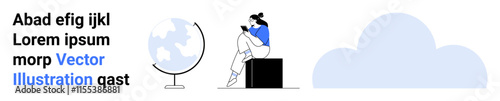 Woman sitting on a block reading a book next to a globe. Text element with random letters. Cloud shape in the background. Ideal for education, geography, reading, content creation, global themes