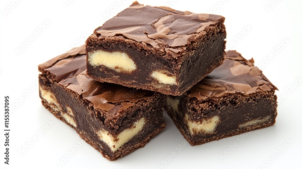 Decadent chocolate brownies layered with creamy filling stacked on a white background for dessert inspiration and culinary delight. Decadent chocolate brownies layered with creamy filling stacked on a white background for dessert inspiration and culinary delight.