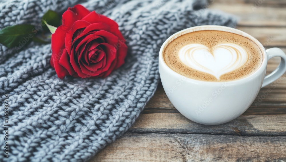 Cup of Coffee with Heart Latte Art on Wooden Table, Red Rose and Grey Knitted Blanket, Cozy Atmosphere Cup of Coffee with Heart Latte Art on Wooden Table, Red Rose and Grey Knitted Blanket, Cozy Atmosphere