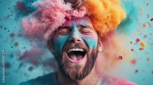 A man exuberantly laughs within a cloud of colorful powders, capturing the ecstatic fusion of joy and freedom, and the vibrant essence of pure human expression. photo