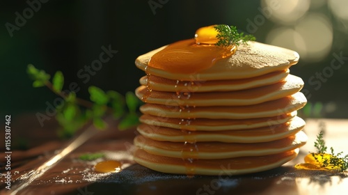 Delicious stack of fluffy pancakes with syrup on a dark background perfect for family breakfast or brunch themed imagery.