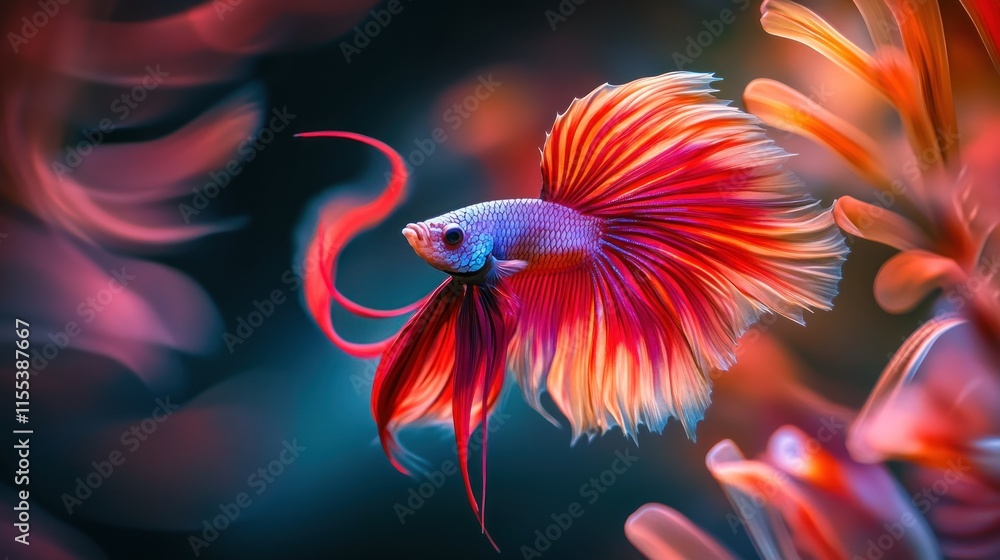 A brilliant Siamese fighting fish fans its red fins in a graceful arc, the photo captures the fishs elegance and energy. 