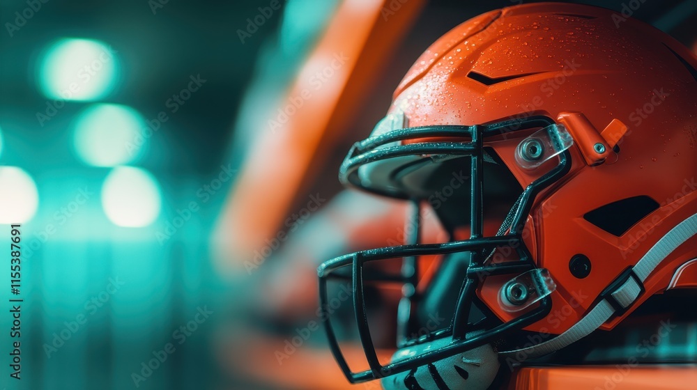 A detailed image showcasing a sleek, modern orange football helmet with black faceguard, positioned prominently on a rack, glistening under soft ambient light. A detailed image showcasing a sleek, modern orange football helmet with black faceguard, positioned prominently on a rack, glistening under soft ambient light.
