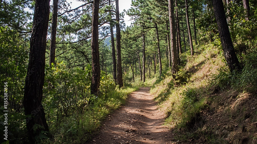 Scenic Forest Pathway Surrounded by Tall Pine Trees during Daytime Hike : Generative AI Scenic Forest Pathway Surrounded by Tall Pine Trees during Daytime Hike : Generative AI