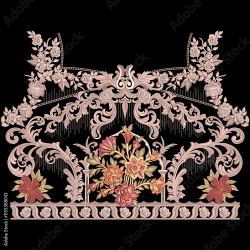 Embroidery border laces seamless patterns design for digital and textile print on fabric.