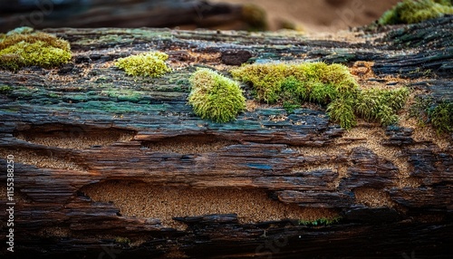 vintage wet rotten tainted wooden texture with some moss and grains of river sand natural rot log history closeup