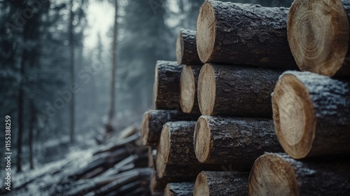 Stacked pine logs in a forest setting showcasing natural timber storage and tranquil woodlands for environmental or industrial themes photo