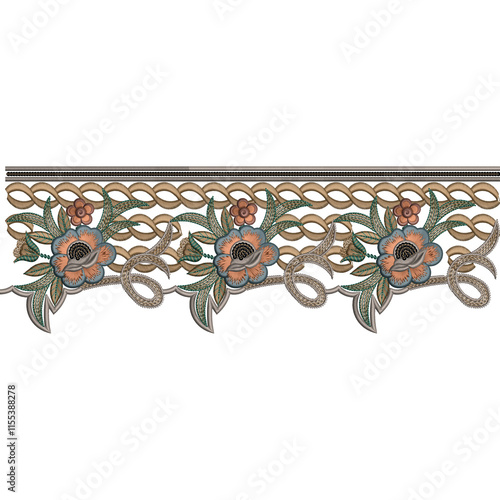 Embroidery border laces seamless patterns design for digital and textile print on fabric.