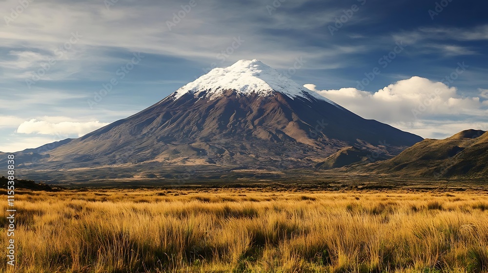 Majestic Cotopaxi Volcano under Blue Skies with Golden Grasslands in Foreground : Generative AI Majestic Cotopaxi Volcano under Blue Skies with Golden Grasslands in Foreground : Generative AI