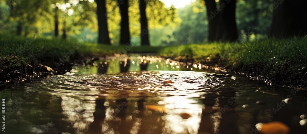Fototapeta premium Serene Spring Stream Flowing Through Lush Green Trees Reflecting Natural Light