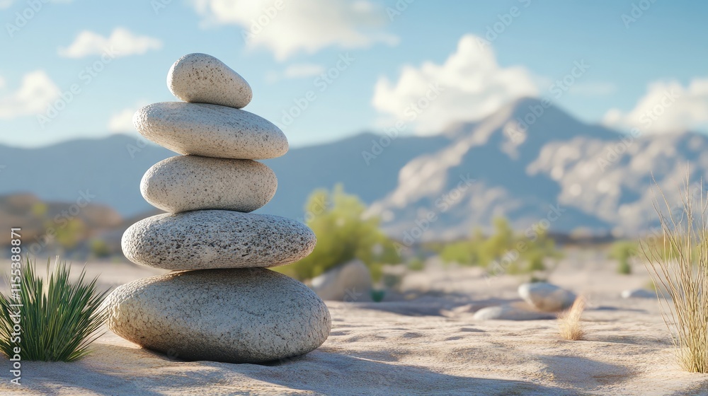 Balanced stones in serene desert landscape with distant mountains and soft vegetation under a bright blue sky. Calming natural harmony. Balanced stones in serene desert landscape with distant mountains and soft vegetation under a bright blue sky. Calming natural harmony.