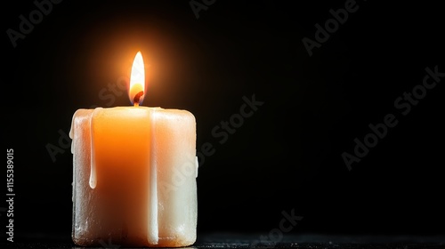 A single, gently melting candle illuminates its surroundings with a warm, soothing glow, capturing a quiet moment of contemplation and serenity contrasted against the dark backdrop. photo