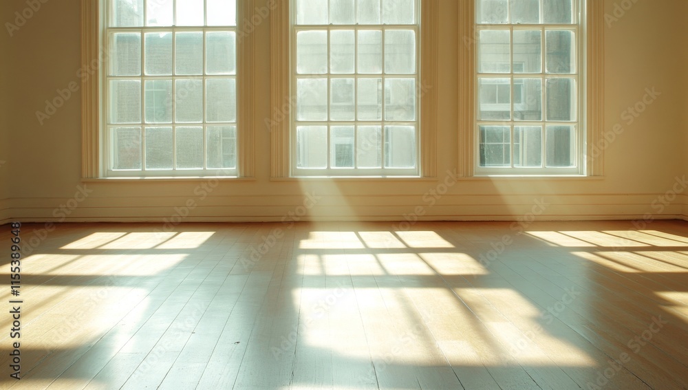 Large Bright Windows in Empty Room with Light Streaming Through, Shadows on the Floor Large Bright Windows in Empty Room with Light Streaming Through, Shadows on the Floor