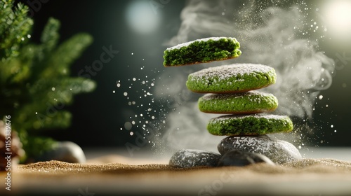 A captivating image of green cookies dusted in sugar, appearing to float above rocks surrounded by mystical dust clouds, embodying magic and whimsy in creativity. photo