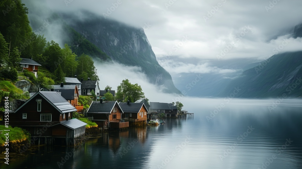Fototapeta premium Majestic Mountain Lakeside Village in Misty Fjords