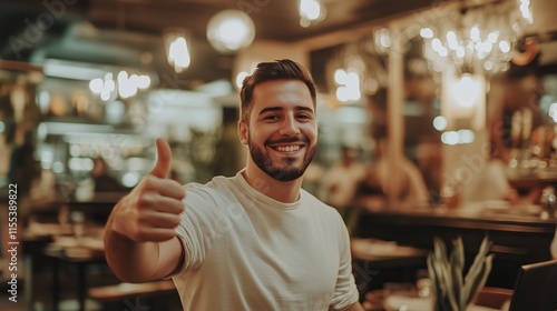 Man giving thumbs up in cozy restaurant, expressing positivity and joy