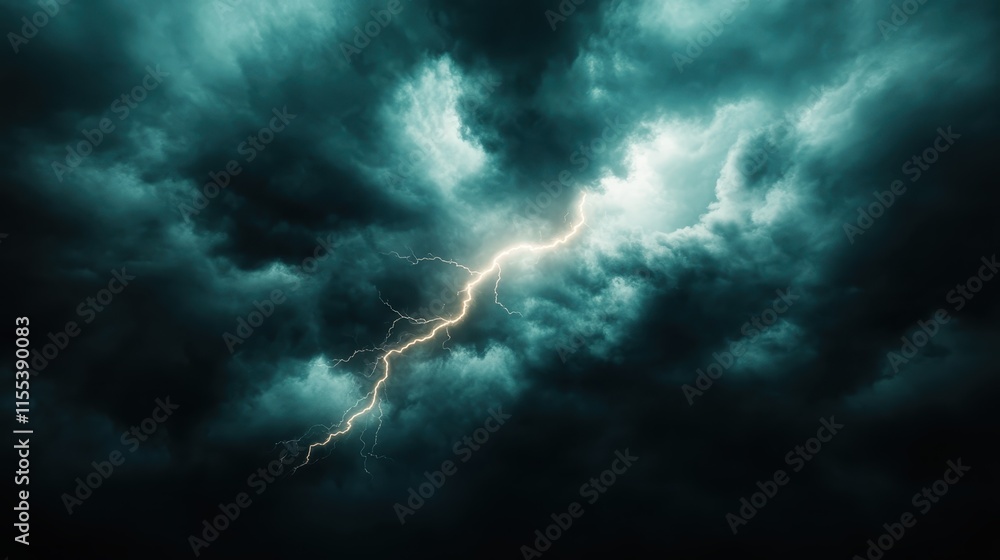 A solitary lightning bolt slices through dark and ominous clouds, creating a dramatic contrast and highlighting the immense power of thunderstorms. A solitary lightning bolt slices through dark and ominous clouds, creating a dramatic contrast and highlighting the immense power of thunderstorms.
