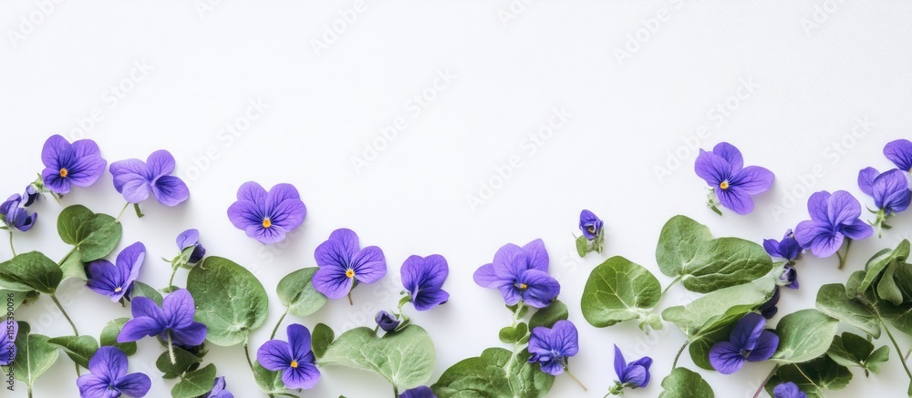 Floral arrangement with edible violets on a white background Top view showcasing healthy living and nature's beauty with ample copy space Floral arrangement with edible violets on a white background Top view showcasing healthy living and nature's beauty with ample copy space
