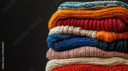 Colorful stacked knitwear showcasing a variety of textures and patterns against a dark background for a cozy, inviting aesthetic.