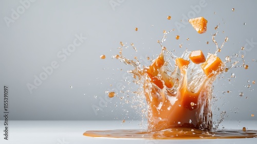 Artistic depiction of caramel cubes creating an elegant splash in mid-air, highlighting the texture and richness of caramel in a striking composition. photo