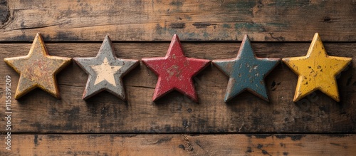 Colorful vintage star letters arranged on a rustic wooden background creating a charming decorative display for creative projects. photo