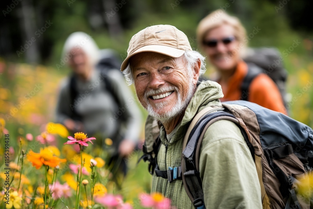 A smiling elderly man embraces the joy of life while exploring a mountainous trail lined with bright flowers, symbolizing vitality and the love for the great outdoors. A smiling elderly man embraces the joy of life while exploring a mountainous trail lined with bright flowers, symbolizing vitality and the love for the great outdoors.