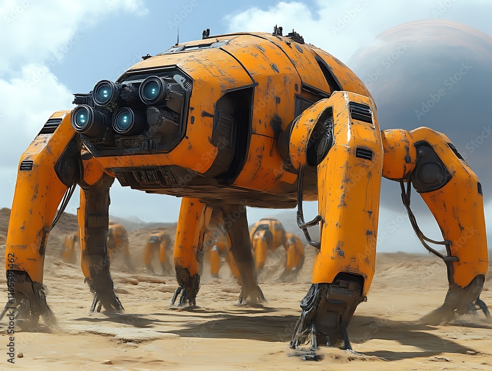 Rusty orange robots march across an alien desert. Rusty orange robots march across an alien desert.