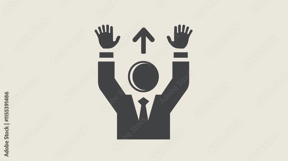Successful businessman with hands raised and downward arrow line, business concept Successful businessman with hands raised and downward arrow line, business concept