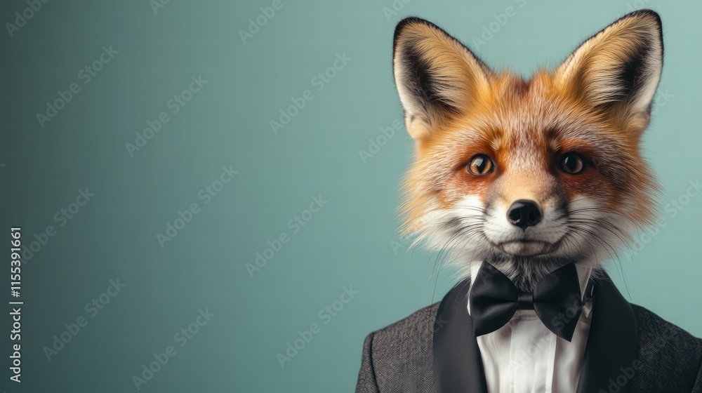 A poised fox character dressed in a tuxedo offers a display of simplicity and grace against a minimalist background, highlighting elegance and presence. A poised fox character dressed in a tuxedo offers a display of simplicity and grace against a minimalist background, highlighting elegance and presence.