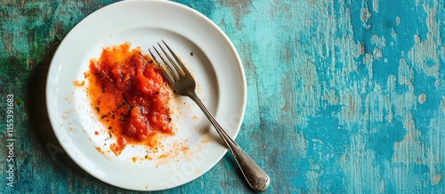 Stained white plate with tomato sauce remnants and fork on textured blue tablecloth for food and dining themes photo