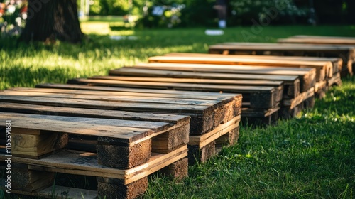 Used wooden beer benches stacked on grass before festival setup showcasing rustic ambiance and preparation for outdoor events. photo