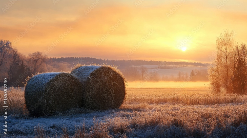 Frosty sunrise over stacked hay bales in a tranquil winter landscape ready for animal fodder. Frosty sunrise over stacked hay bales in a tranquil winter landscape ready for animal fodder.