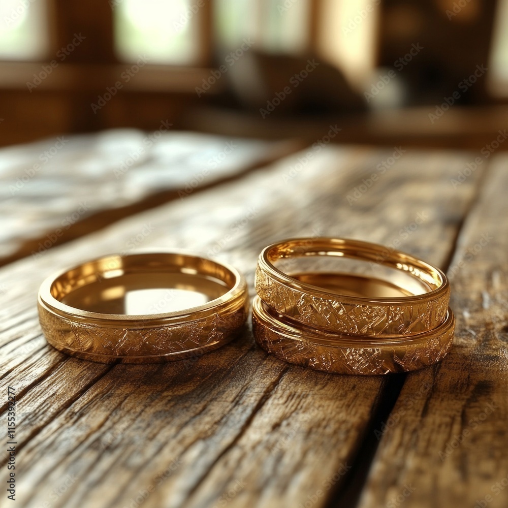 Close-up of intricately designed gold wedding rings on wooden surface Close-up of intricately designed gold wedding rings on wooden surface