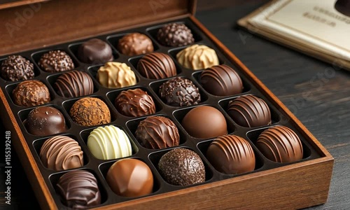 Assorted chocolates in a wooden box for gifting or indulgence.