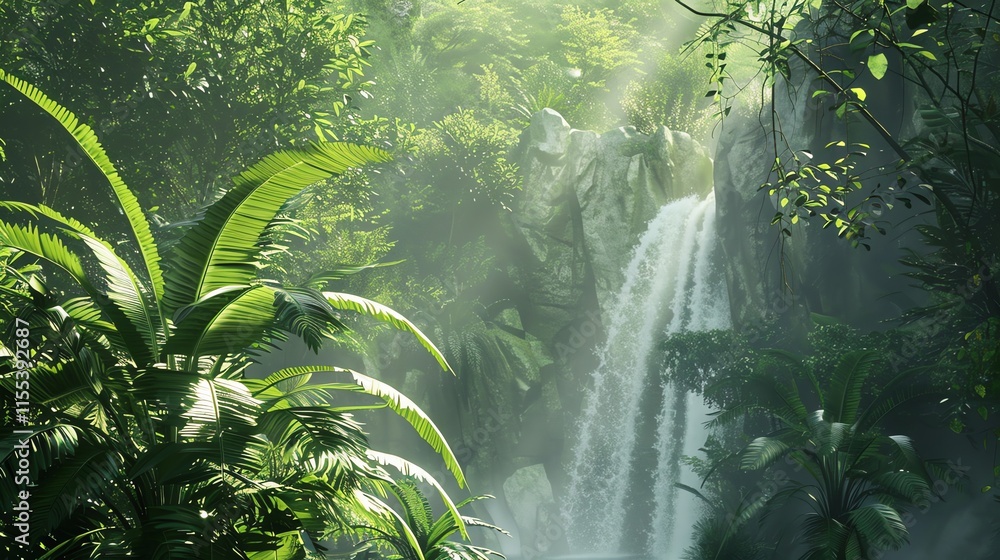 Fototapeta premium A lush jungle scene with a waterfall.