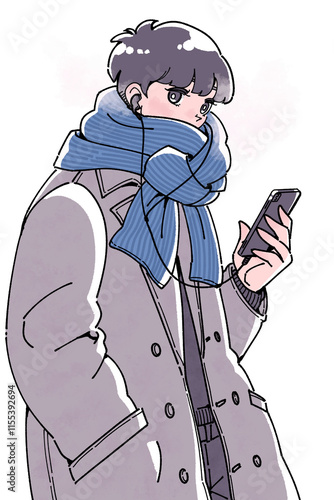 イヤホンをしてスマホを持つ冬の男の子のイラスト