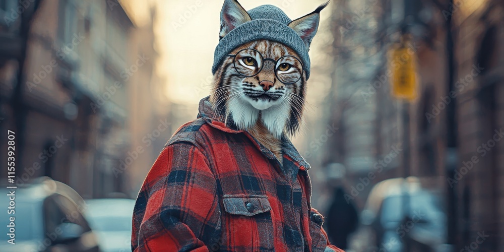 Fashionable anthropomorphic cat in city streets with plaid shirt and beanie outfit Fashionable anthropomorphic cat in city streets with plaid shirt and beanie outfit